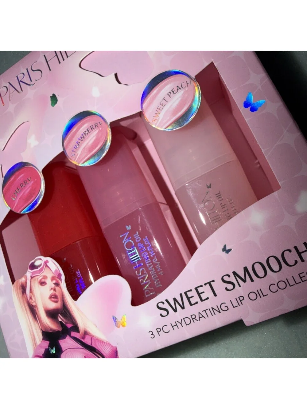Paris Hilton Sweet Smooch 3 Pc Hydrating Lip Oil Set Cherry Strawberry Peach New